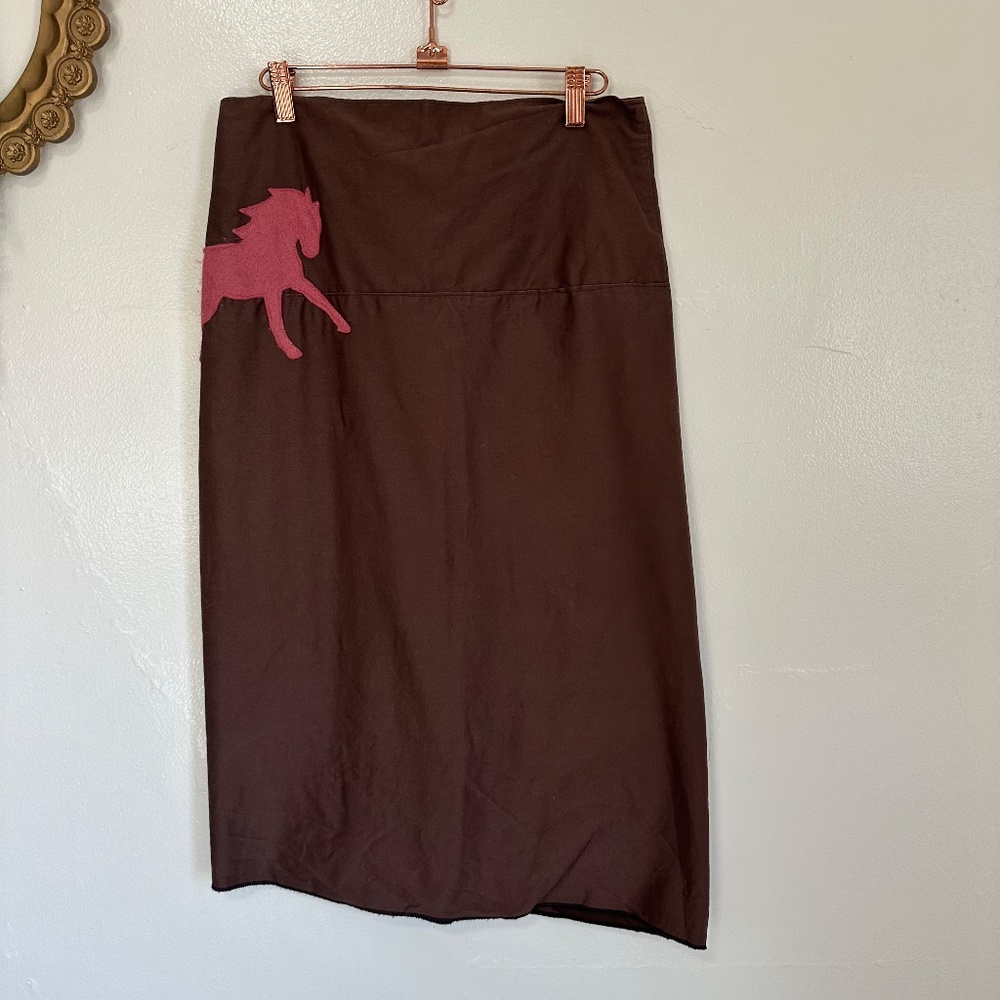 Vintage Y2K Amet & Sasha Brown Pencil Skirt with Pink Horse Appliqué, M